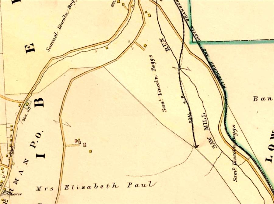 PCSRR spur line to Oak Mine entrance
along Timberland Avenue - 1886 map.
