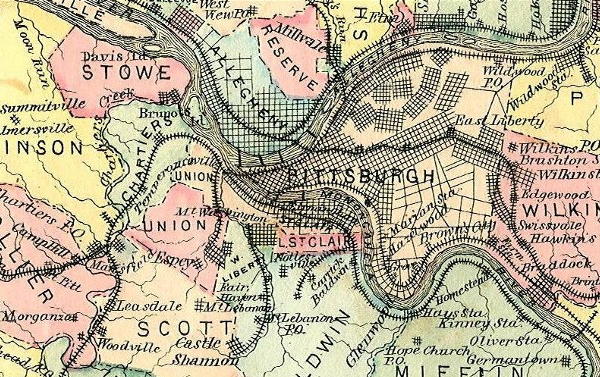 Map of Pittsburgh - 1876 showing West Liberty Borough.