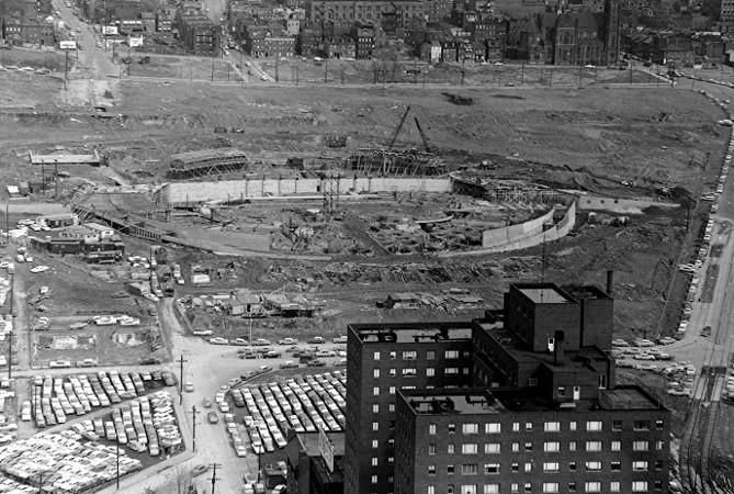 The Civic Arena under construction.