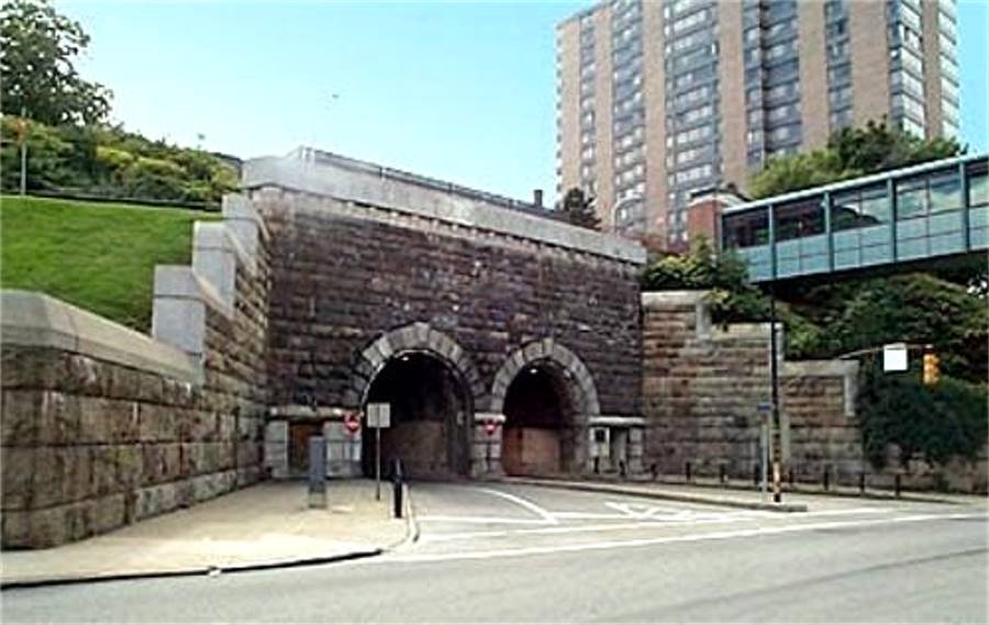 The Armstrong Tunnels north portal at Forbes Avenue.