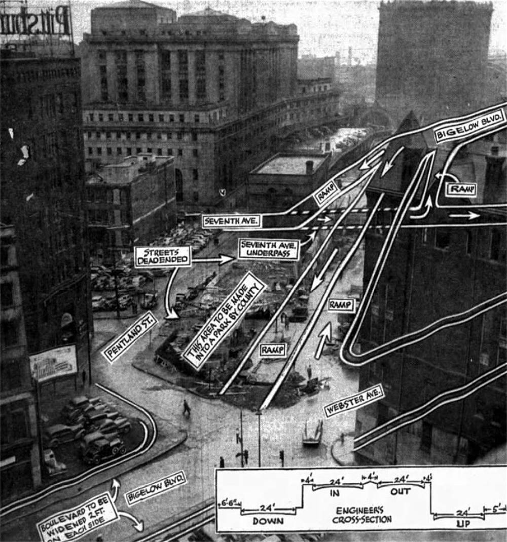 Drawing of Bigelow intersection at Seventh/Sixth Avenues - Jan 20, 1941.