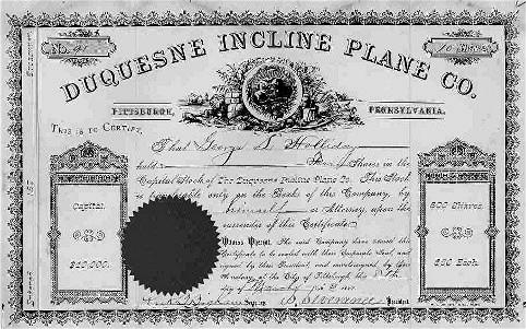 Duquesne Incline Plane Company Stock Certificate