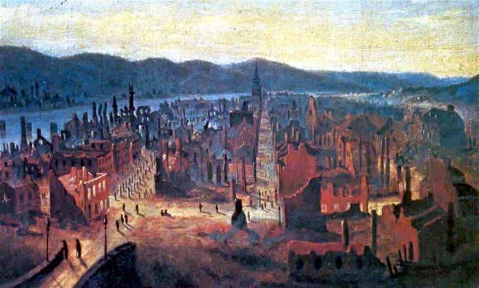 Devastated Pittsburgh after
 the Great Fire of 1845.