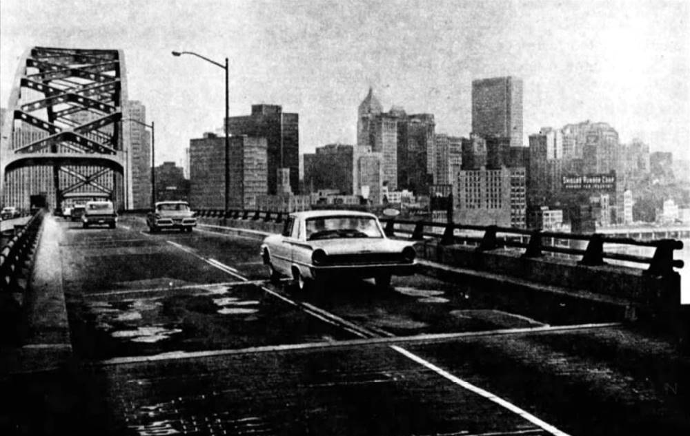 View of Fort Pitt Bridge and City of
Pittsburgh when exiting the Fort Pitt Tunnels - 12/10/61.