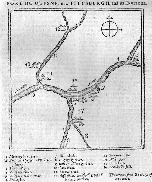 Pittsborough and the surrounding villages as
drawn by General Forbes in 1758.