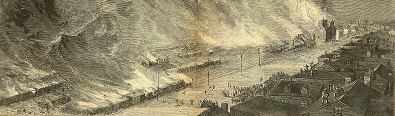 Pennsylvania RR Rail yards along
Liberty Avenue in flames - July 1877