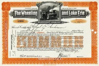 Wheeling & Lake Erie Railroad Stock Certificate.
