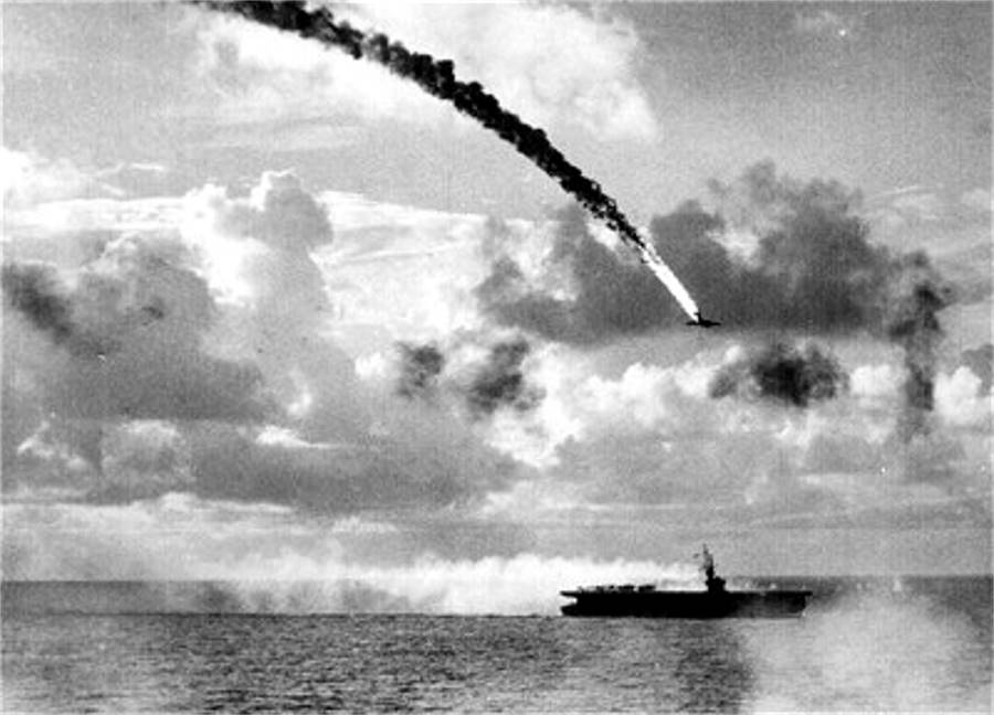 A Japanese plane goes down during
the Battle off Samar Island.