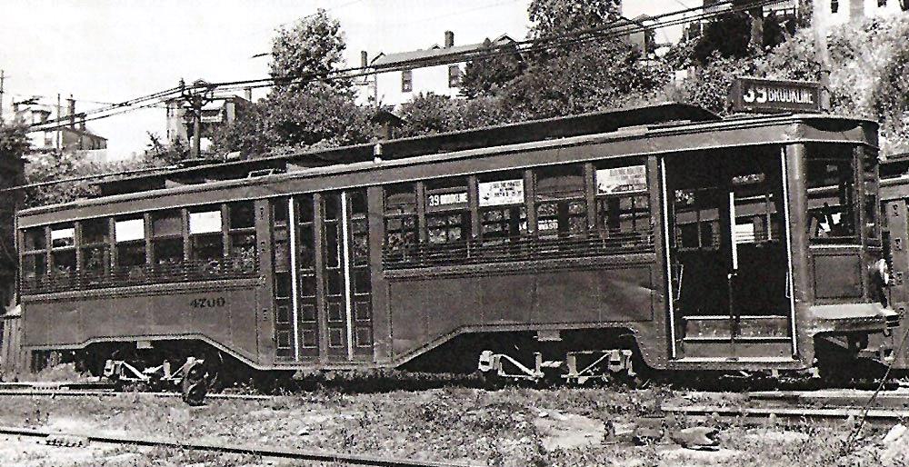 A Jones Car marked for the 39-Brookline route
stands at the South Hills Junction in 1948.